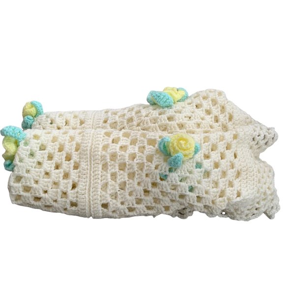 Vintage Hand Knit Pastel Floral Throw Blanket - Picture 1 of 6